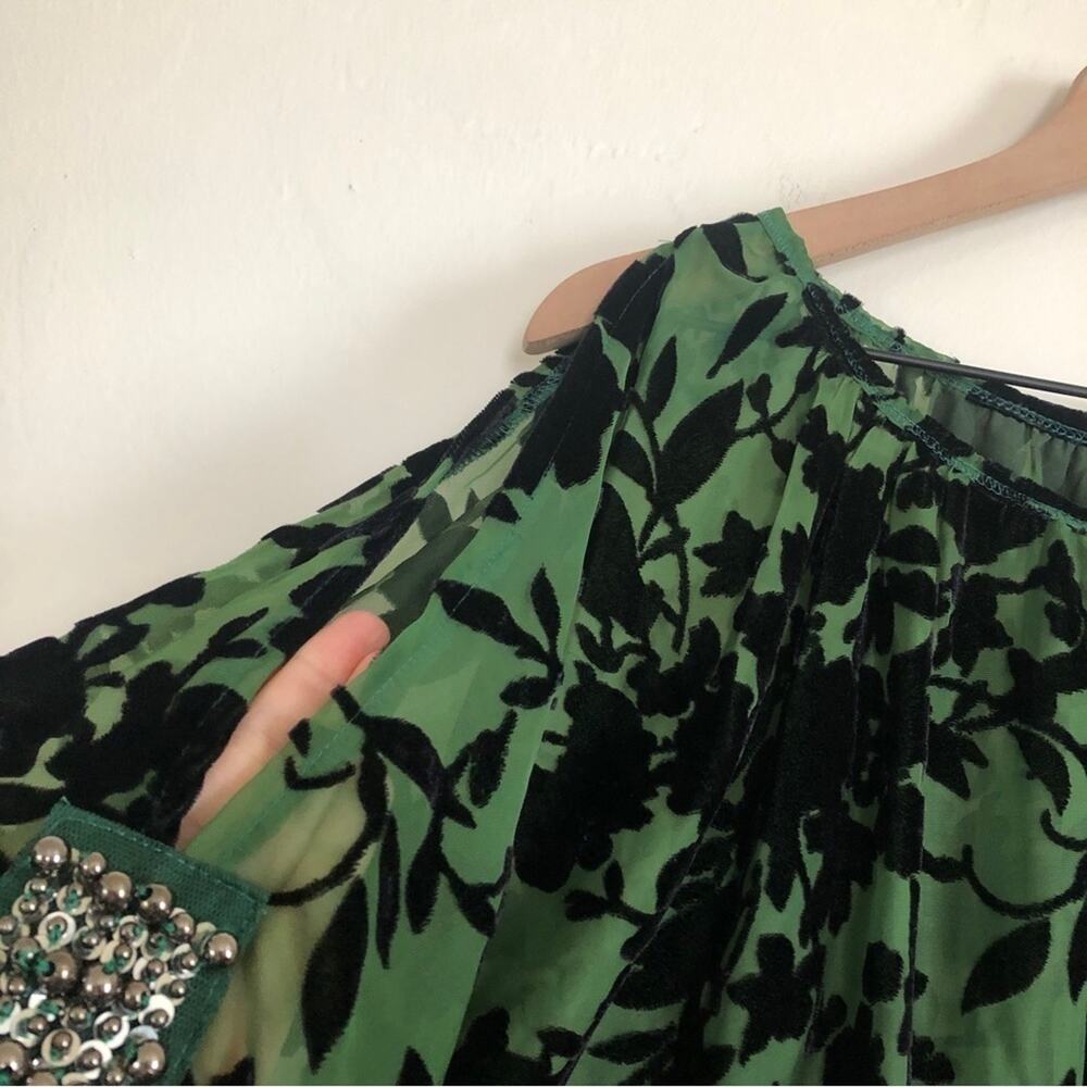 Awake Couture Green Black Velvet Velour Floral Flutter Sleeve Blouse Top Large - Picture 8 of 8